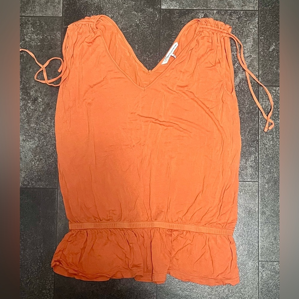 French Connection Orange Sleeveless Top with Cinched Waist and Ruched Shoulders